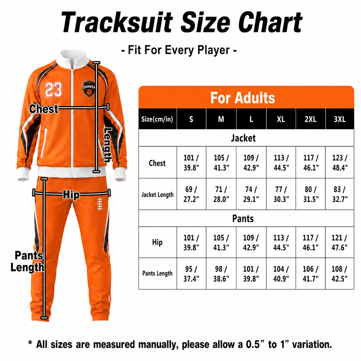 Custom Tracksuit Size Chart