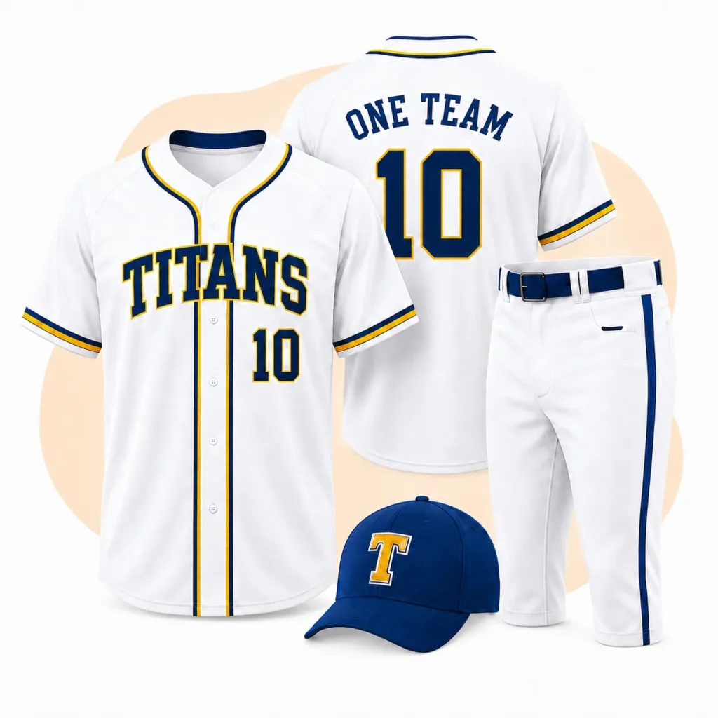 White custom baseball jerseys uniform set with matching pants and cap