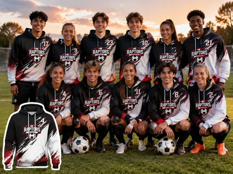 Soccer team wearing custom soccer jerseys on the field