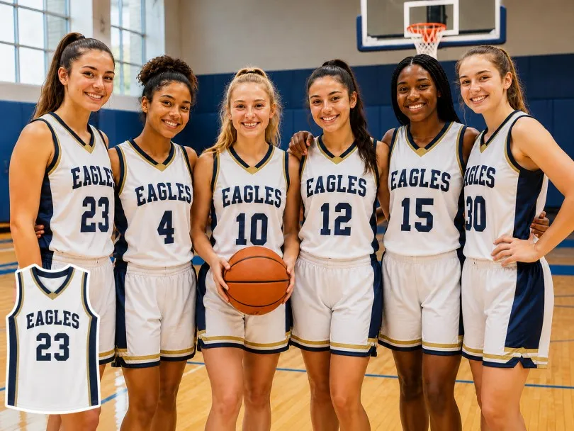 Women’s basketball team wearing custom basketball jerseys