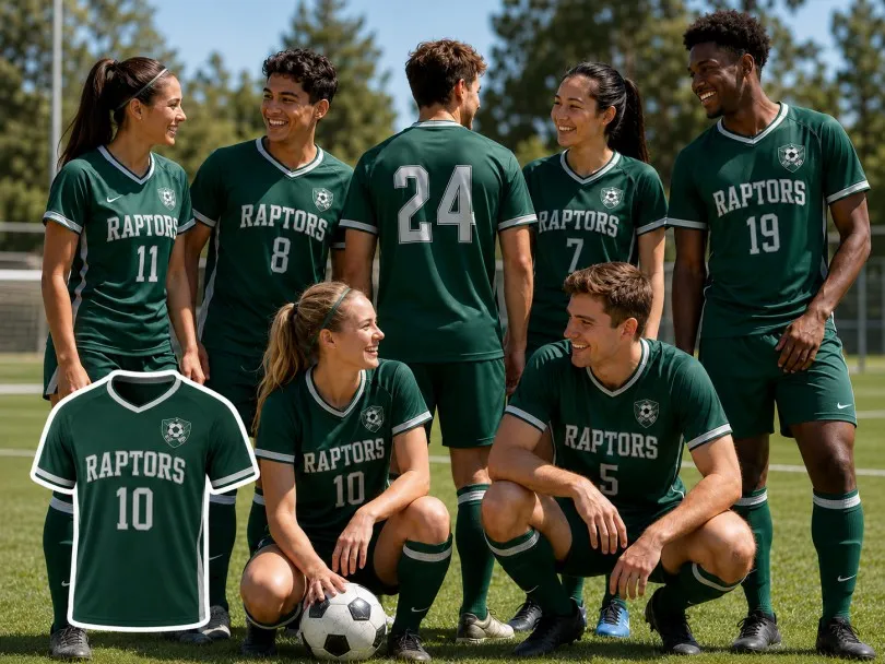 Soccer team wearing custom soccer jerseys on the field