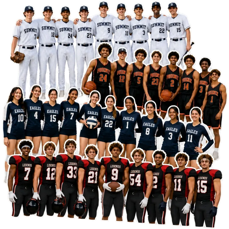 Baseball, basketball, volleyball, and football teams wearing custom jerseys