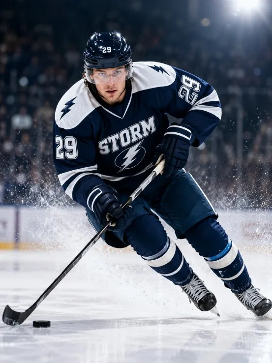 Hockey player wearing custom sports apparel on the ice