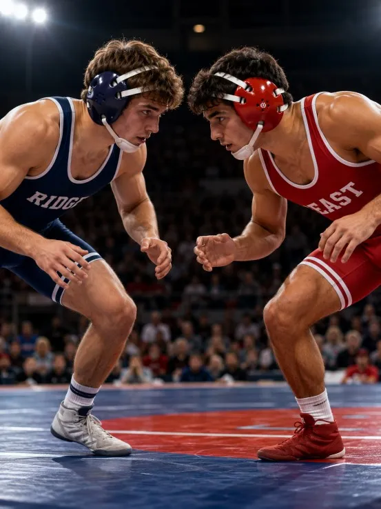 Wrestlers wearing custom sports apparel during a match