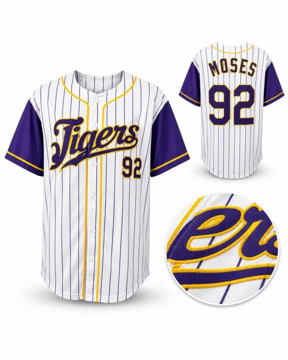 White custom jersey with purple and gold tackle twill lettering