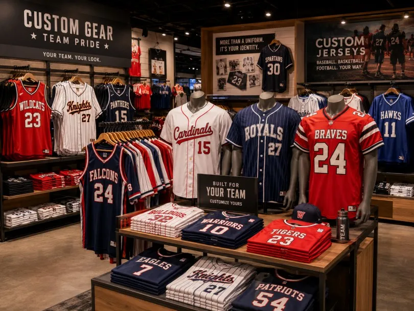 Custom sports gear displayed in a sports apparel store