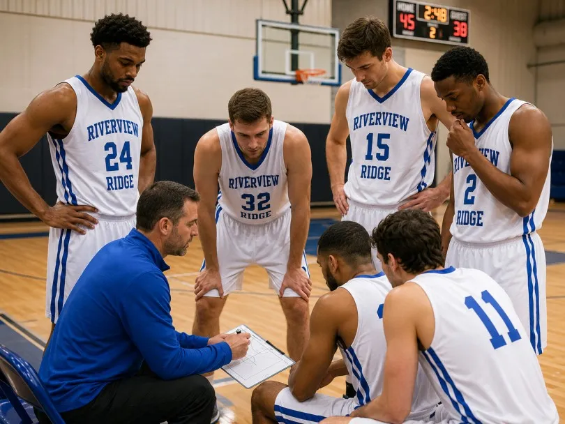 Basketball players wearing custom sports uniforms during a team huddle