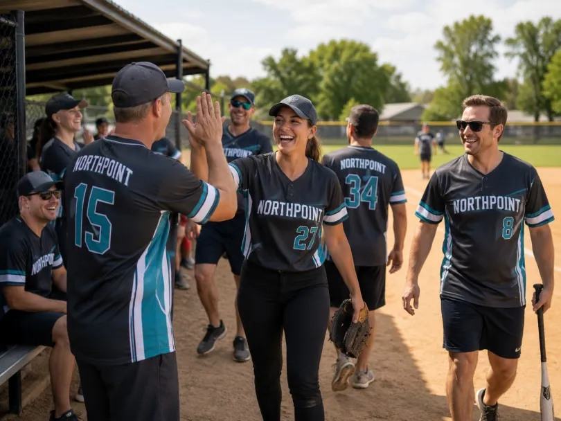 Community group wearing custom team jerseys at the ball field