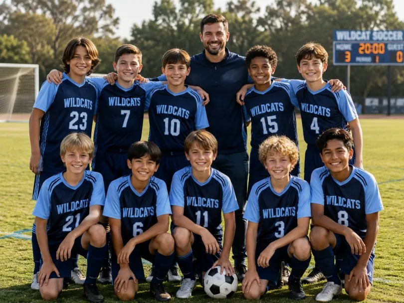 Youth soccer team wearing custom youth jerseys on the field