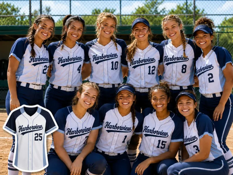 Women’s softball team wearing custom softball jerseys