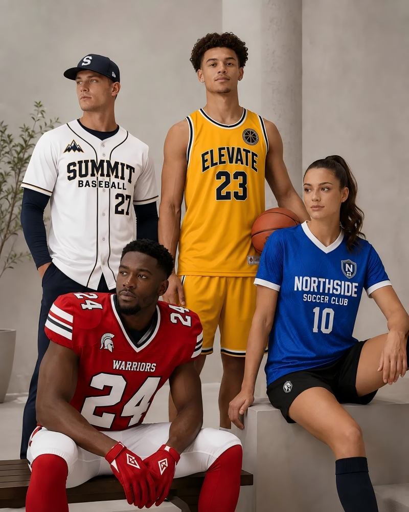 Baseball, basketball, volleyball, and football models wearing custom sport jerseys