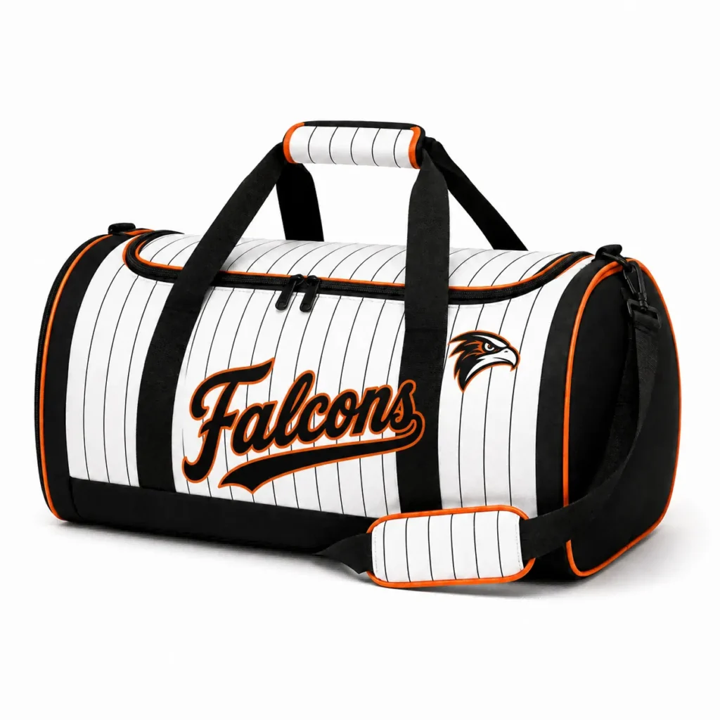 FastCustomJersey white pinstripe baseball bag with black handles and orange trim