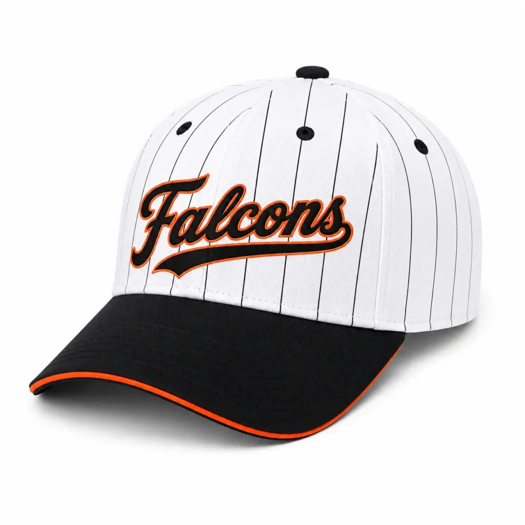 FastCustomJersey white pinstripe baseball cap with black brim and orange detail
