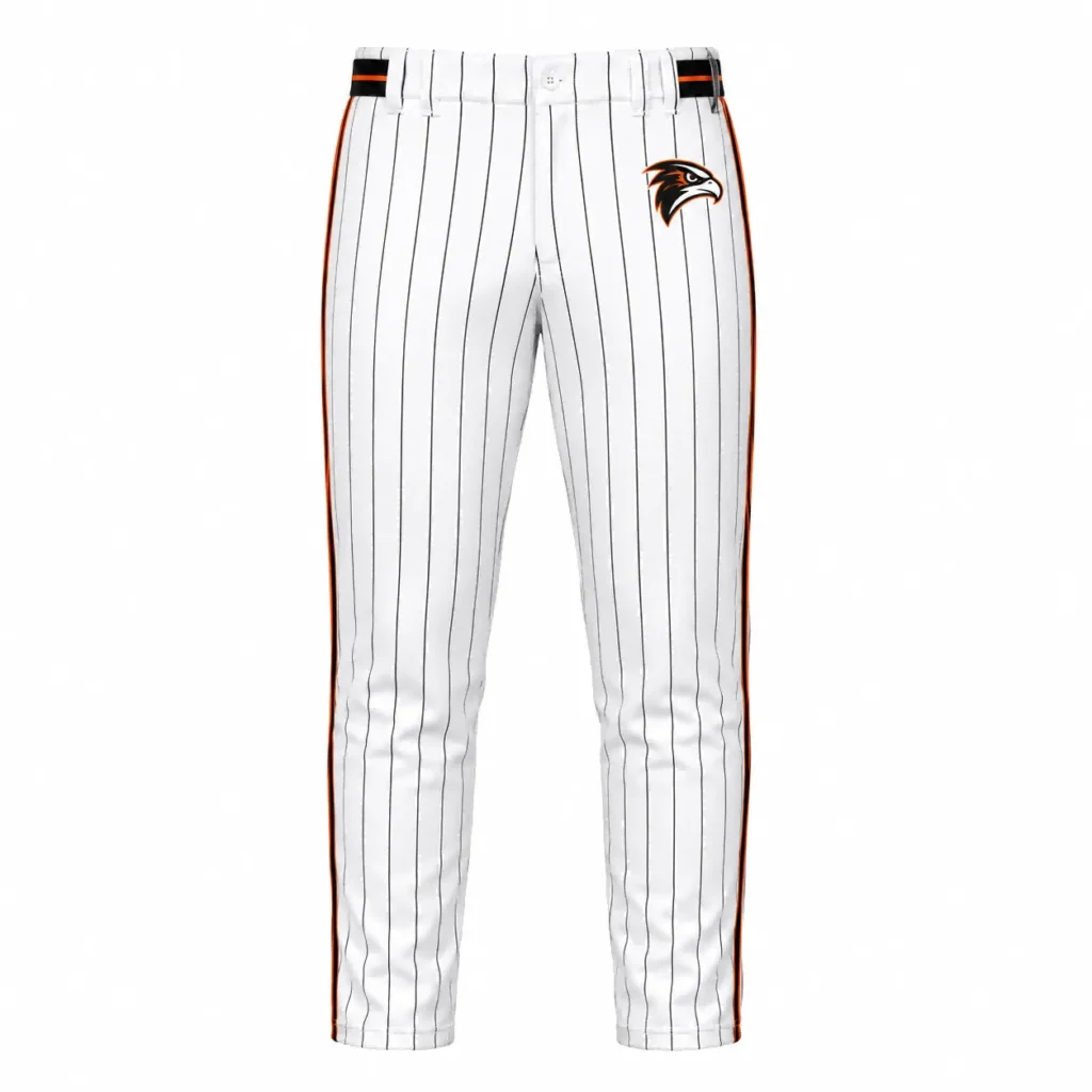 FastCustomJersey white pinstripe baseball pants with black and orange side stripes