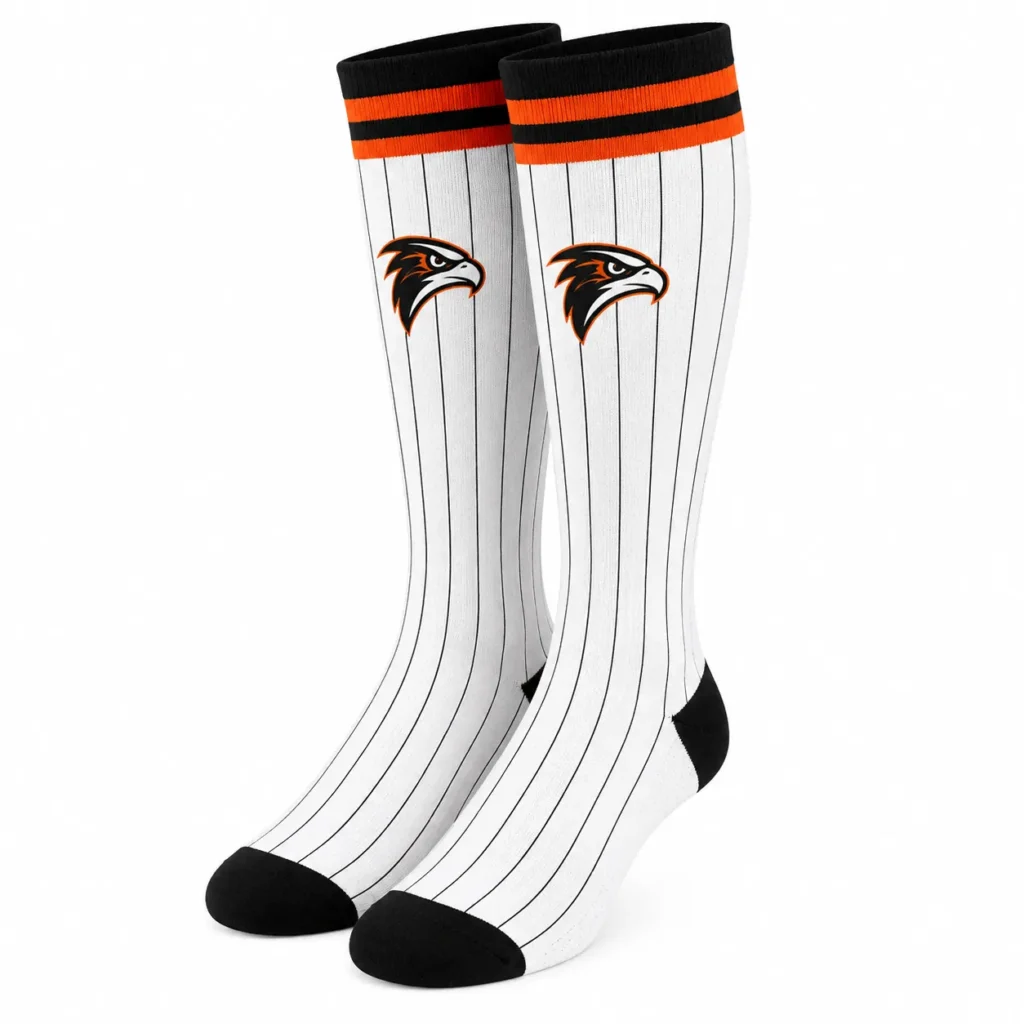 FastCustomJersey white pinstripe baseball socks with orange details