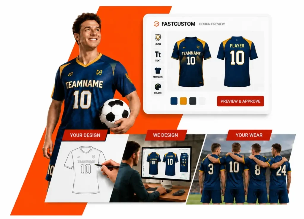 FastCustomJerseys Design Service showing custom jersey design, preview, and finished team uniforms