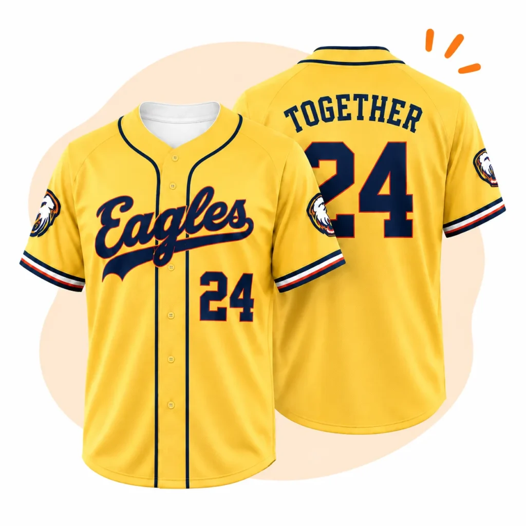 Yellow custom baseball jerseys with front and back views, featuring team name and player number