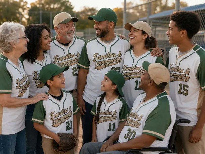 Softball team wearing Personalized family jerseys and celebrating together