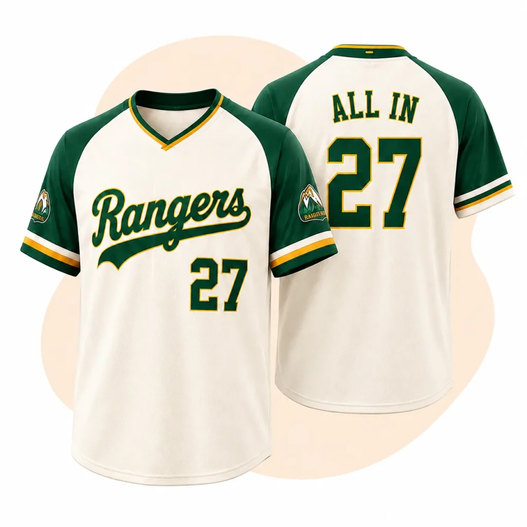 Green and white baseball jerseys with raglan sleeves shown in front and back views