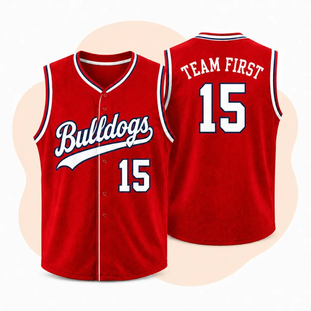 Red sleeveless custom baseball jerseys with front and back design for team uniforms