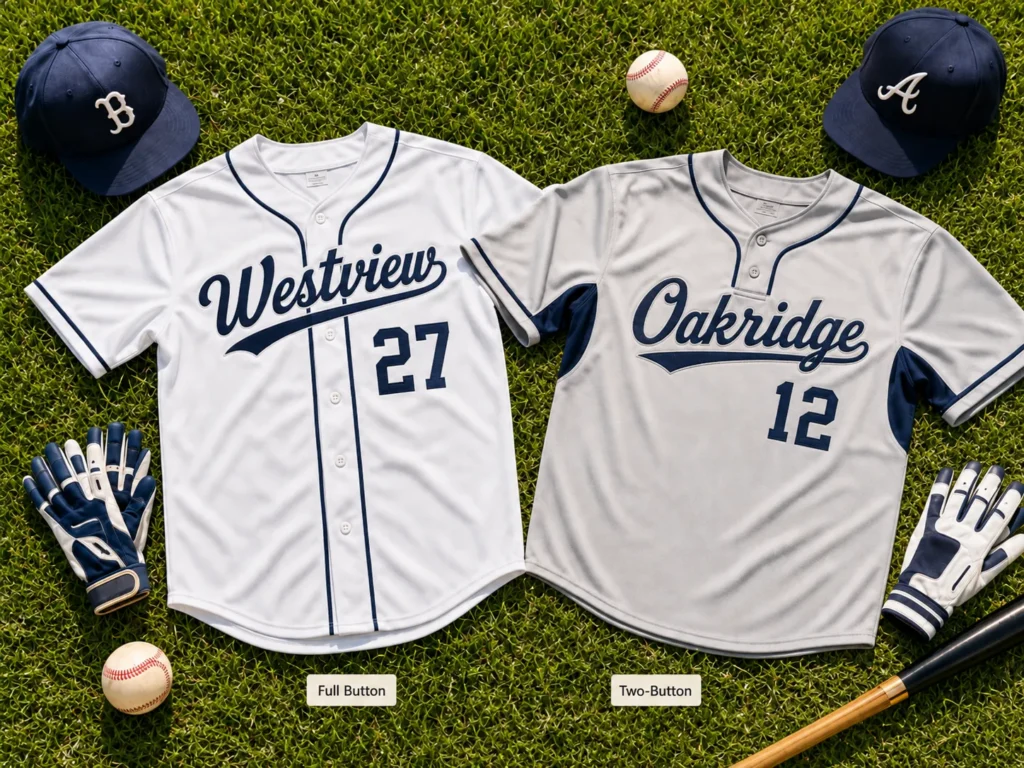 Full button vs two button baseball jerseys displayed on grass for team jersey style comparison.