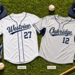 Full button vs two button baseball jerseys displayed on grass for team jersey style comparison.