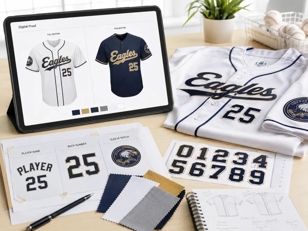 Custom baseball jerseys design mockup showing full button and two button styles.