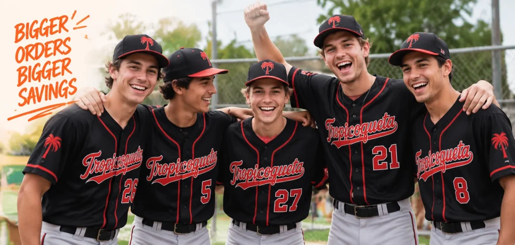 Baseball team wearing matching custom jerseys for a game