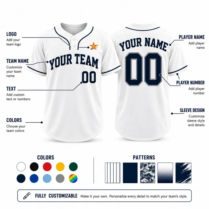 Custom 2 button baseball jersey showing logo, team name, player name, number, colors, sleeve design, and pattern options