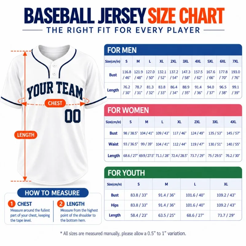 Custom 2 button Baseball jersey size chart for men, women, and youth with chest and length measurements