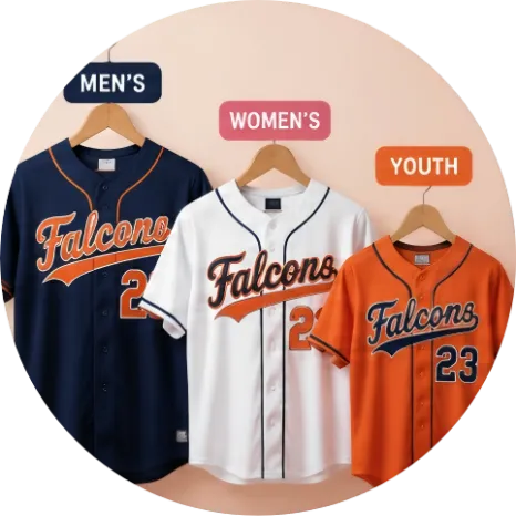 Baseball jerseys in men’s, women’s, and youth styles displayed on hangers