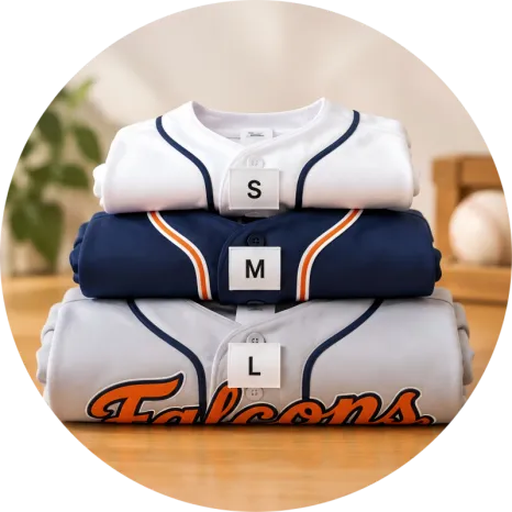 Folded custom baseball jerseys showing S, M, and L size options