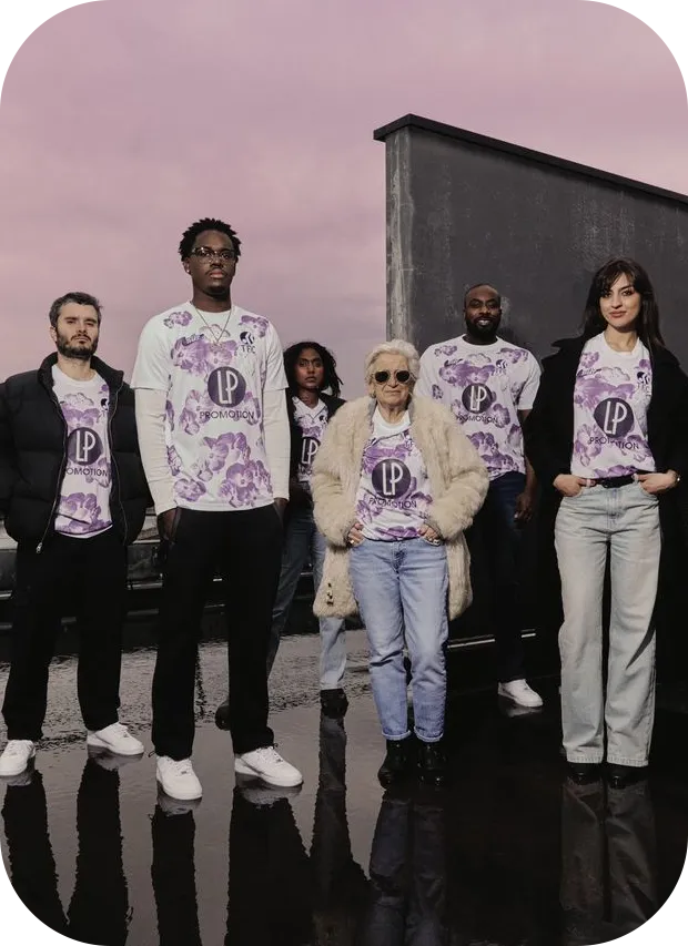 Esports group wearing personalized purple gaming jerseys outdoors