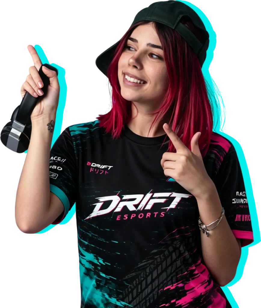 Esports player wearing a custom gaming jersey with headset.