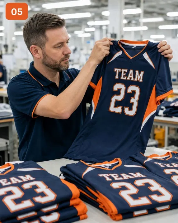 Worker inspecting a finished customized jersey for quality