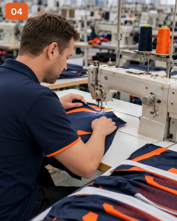 Worker sewing custom jerseys panels in the factory
