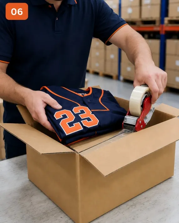 Customized jerseys being packed into a box for shipping