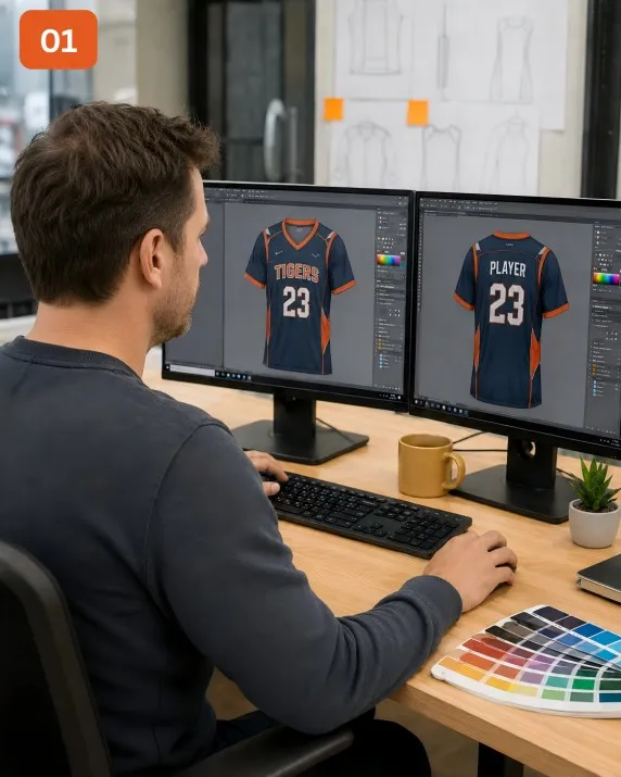 Designer creating a customized jersey on a computer