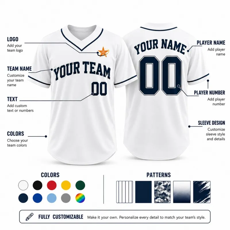 Custom pullover baseball jersey showing logo, team name, player name, number, colors, sleeve design, and pattern options