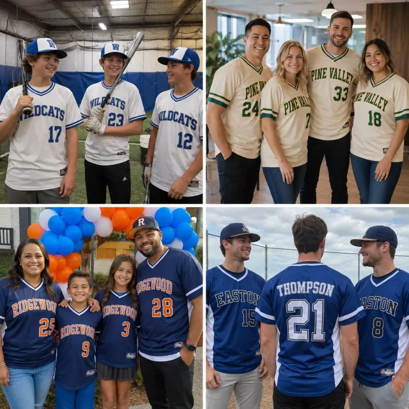 Fastcustomjersey custom pullover baseball jerseys shown in real-life youth, adult, and family team scenes