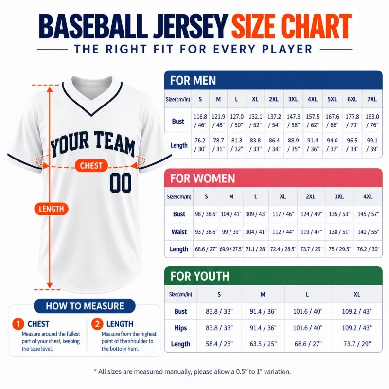Custom pullover Baseball jersey size chart for men, women, and youth with chest and length measurements