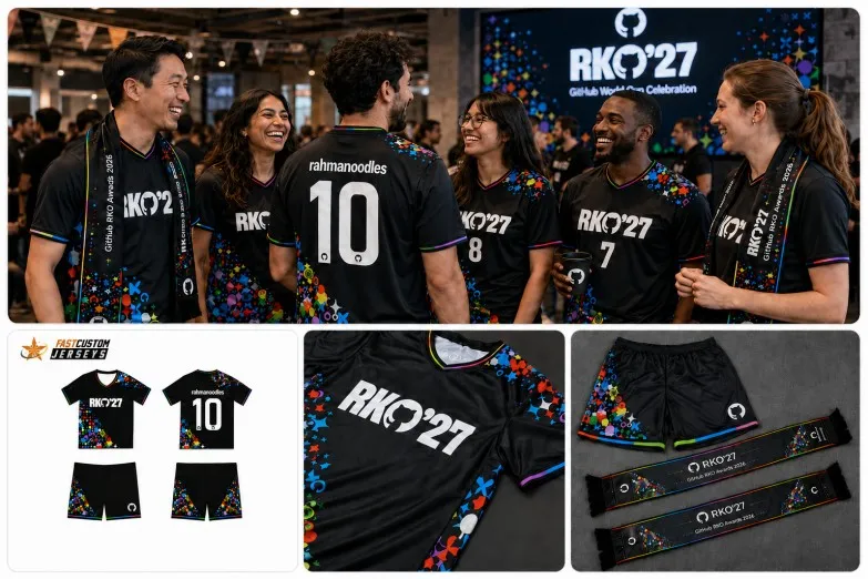 GitHub team wearing fast custom jerseys and scarves at a World Cup-themed event