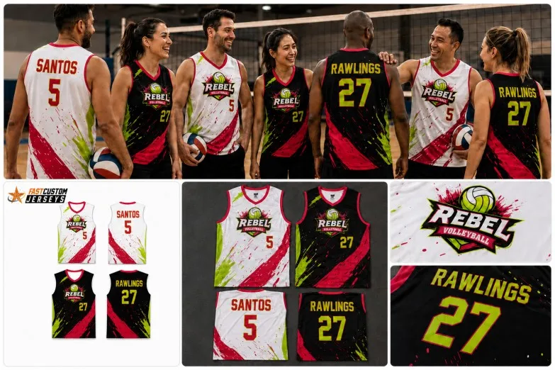 Carlos Santos team showing custom volleyball jerseys with different styles, colors, names, and player numbers