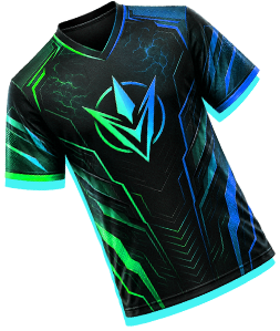 Custom esports jersey with black, blue, and green futuristic patterns.