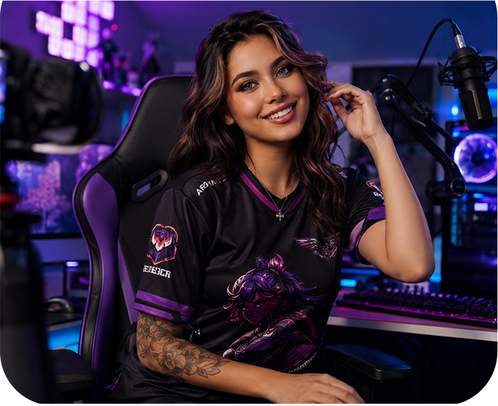 Esports player wearing a custom gaming jersey in front of a computer setup.