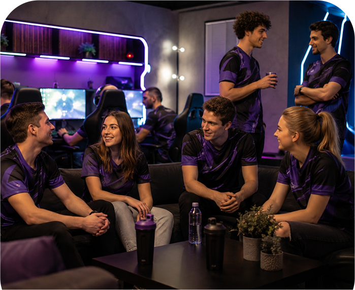 Esports team members wearing matching jerseys and discussing strategy together.