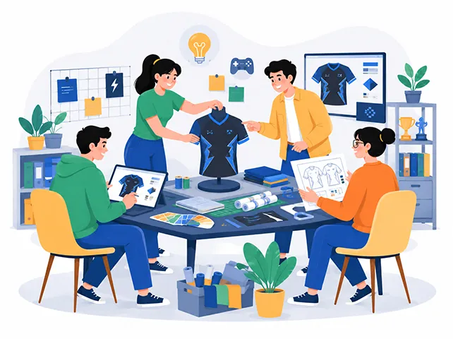 Team designing a custom esports jersey with sketches and color samples.