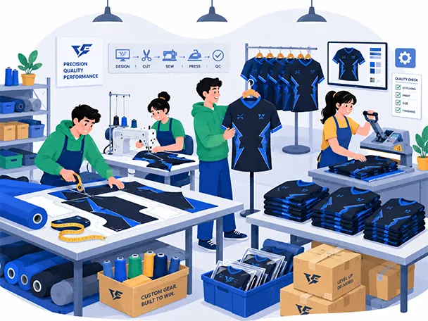 Custom esports jerseys being designed, cut, sewn, and packed in a production workshop