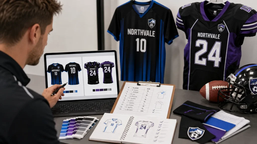 Custom soccer and football jerseys being designed on a laptop.