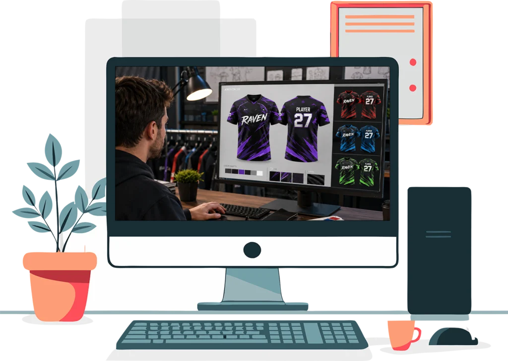 Designer creating a custom esports jersey design on a computer screen.